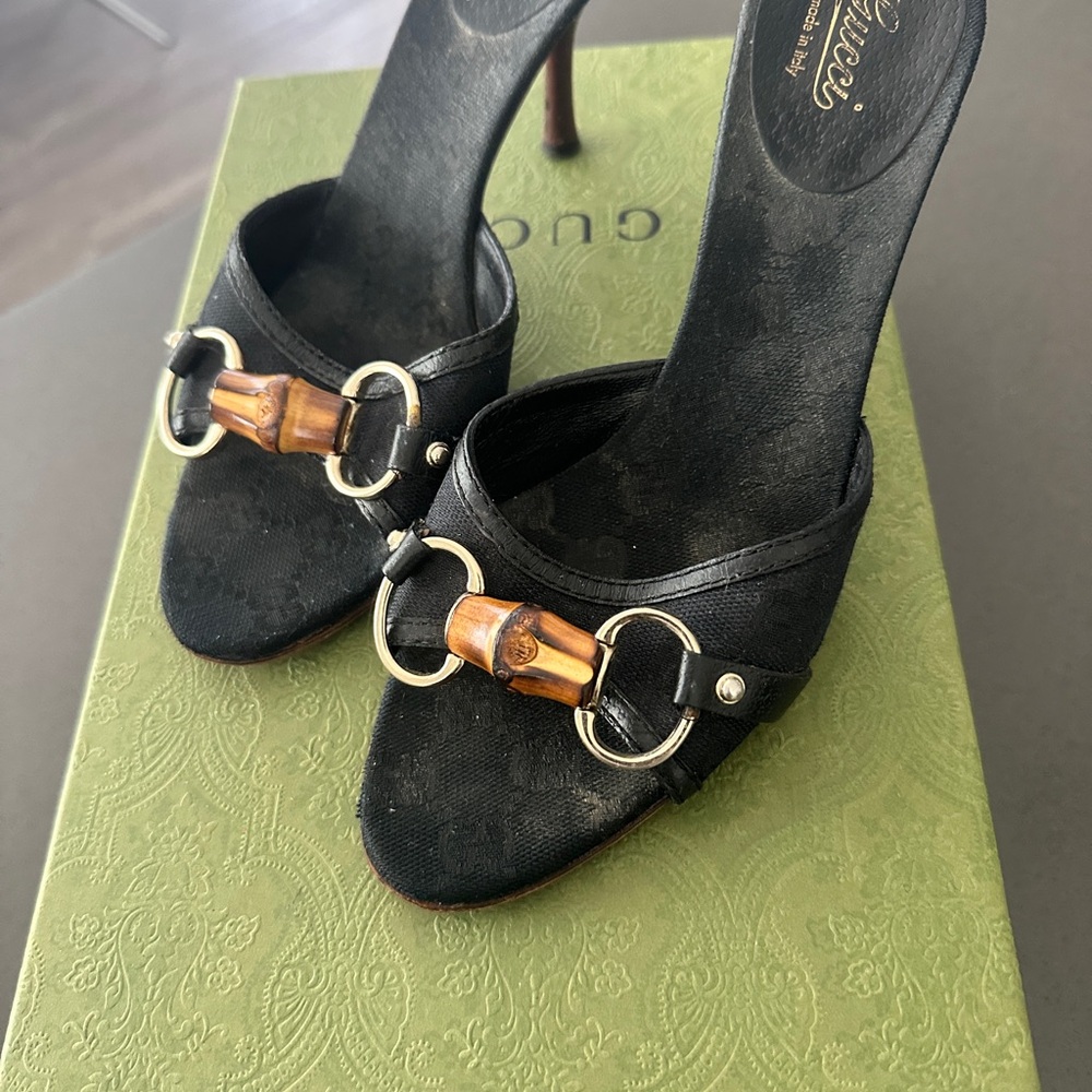 Gucci Black Heeled Mules with Bamboo Detail
